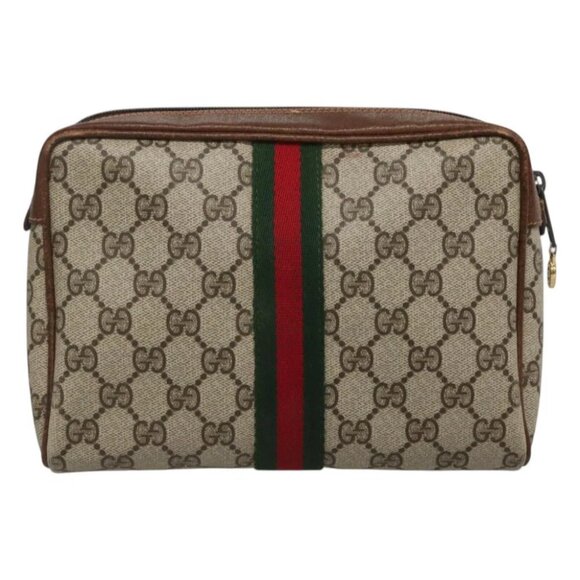 GUCCI GG Supreme Web Sherry Line Clutch Bag PVC Beige Gold - Picture 1 of 14